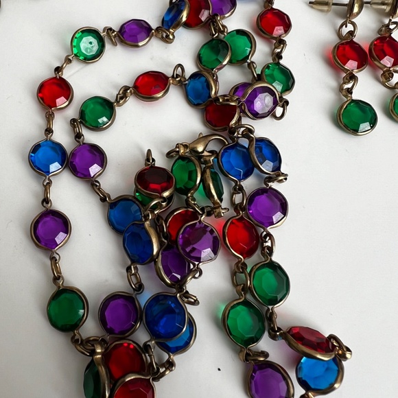 Vintage Long Caged Multicolour Crystals Necklace Bracelet Dangling Earrings 90's - Picture 5 of 13